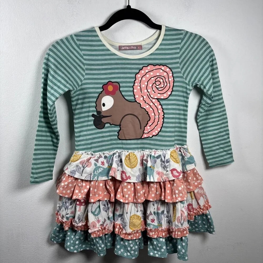 Jelly The Pug Size 6 Woodland Squirrel Knit Dress Ruffle Cottagecore 100% cotton